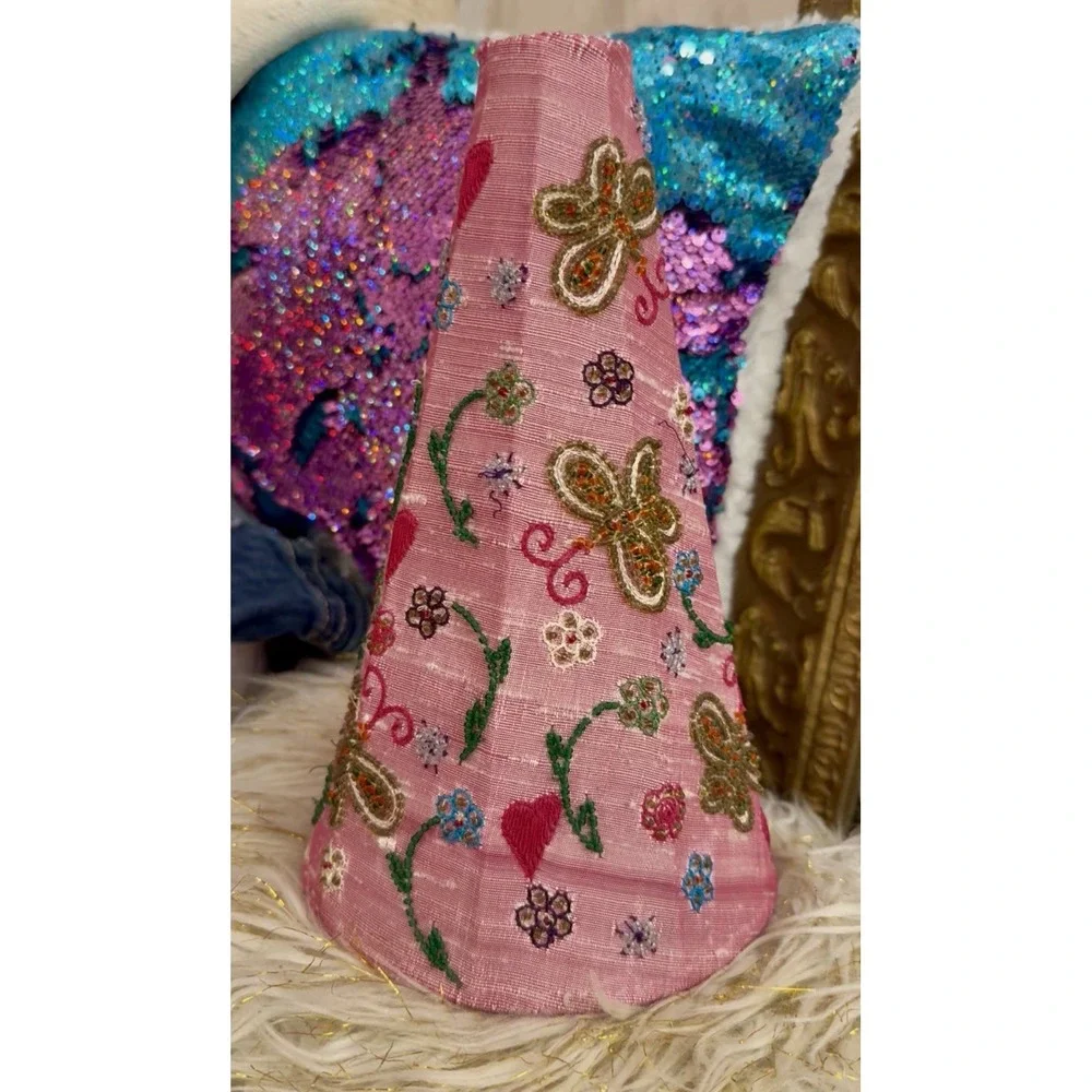 Pair Pink Fabric Clip-On Conical Bell Lamp Shade Embroidered Butterflies Hearts